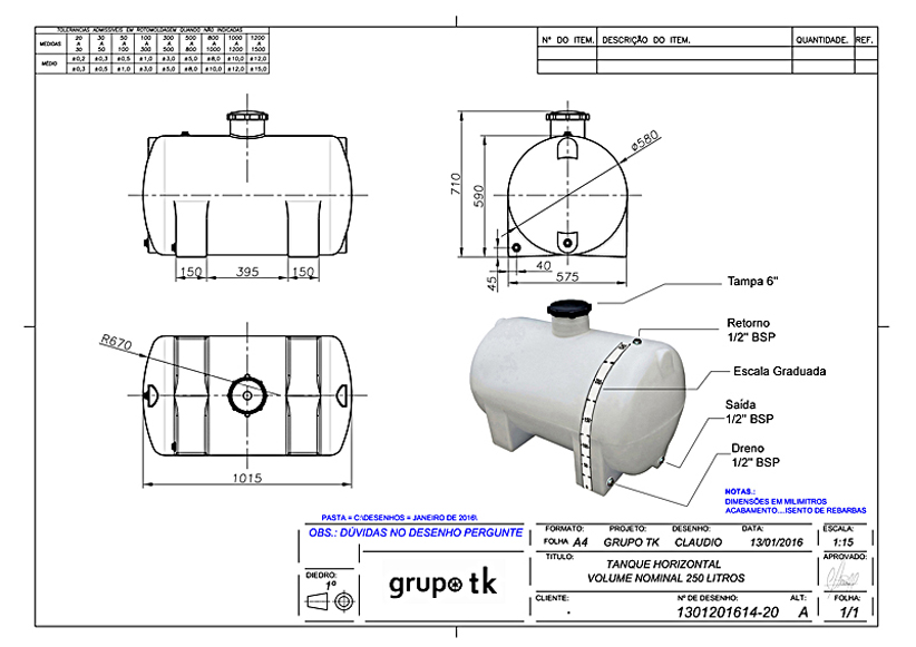 DESENHO TANQUE HORIZONTAL 250  LITROS